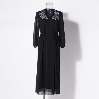 LARGE FLOWER EMBROIDERY WRAP STYLE DRESS 詳細画像