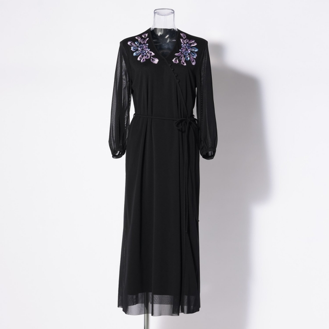 LARGE FLOWER EMBROIDERY WRAP STYLE DRESS 詳細画像 ブラック 5