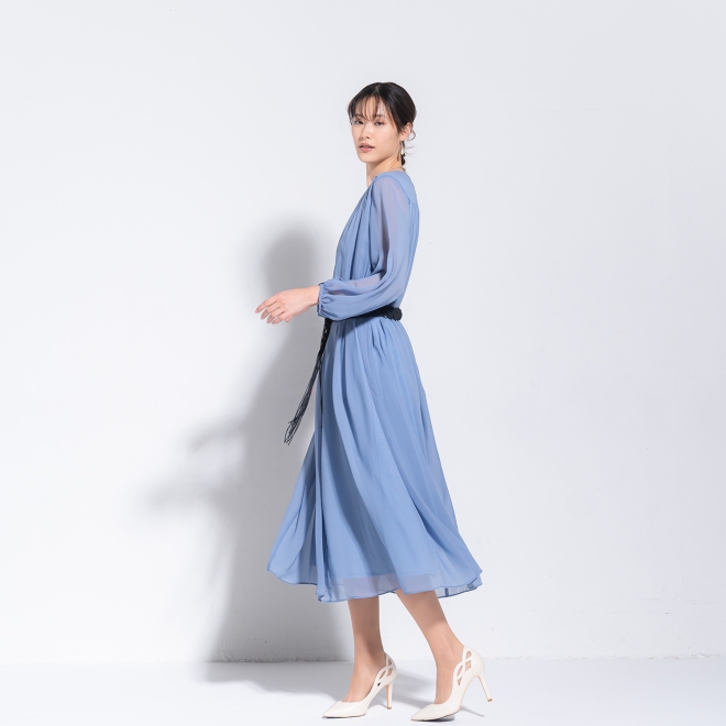 【DRESS COLLECTION】 シフォンギャザーロングドレス 詳細画像 ブルー 2